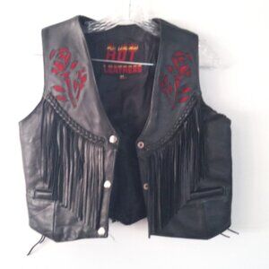 Hot Leathers Womens Fringe Leather Vest M Black Red Rose Lace UP Sides Snaps NEW